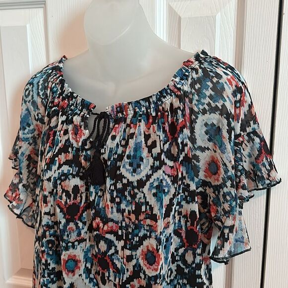 Joie De Vivre Sheer Over Black Pattern Blouse Top Shirt Orange Blue Small S NWT - Picture 2 of 3
